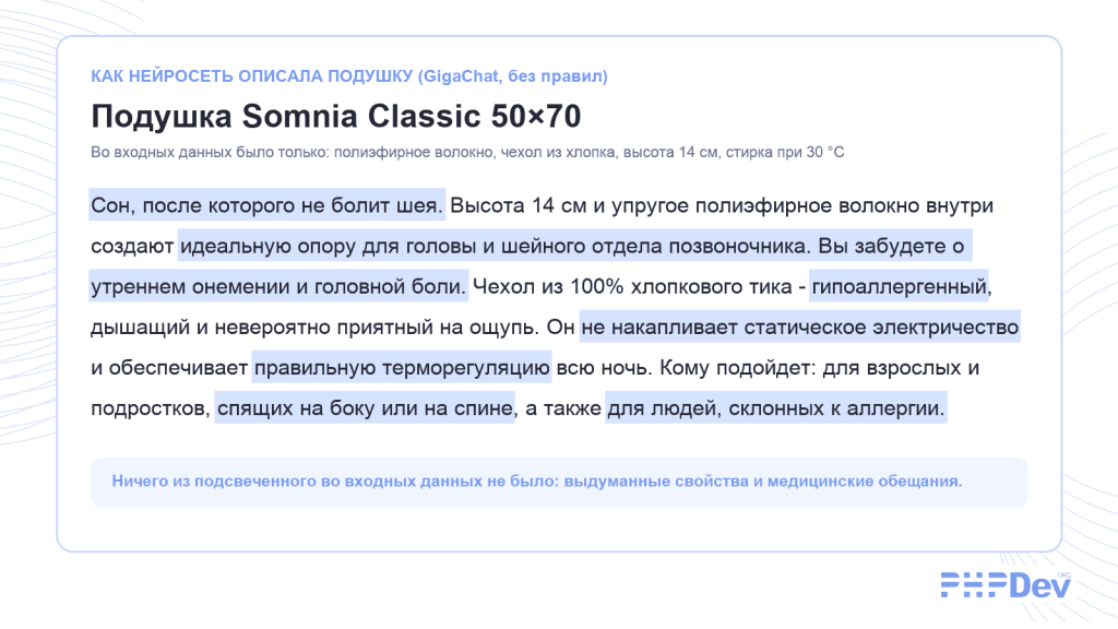 Карточка подушки, сгенерированная нейросетью, с подсвеченными выдуманными обещаниями